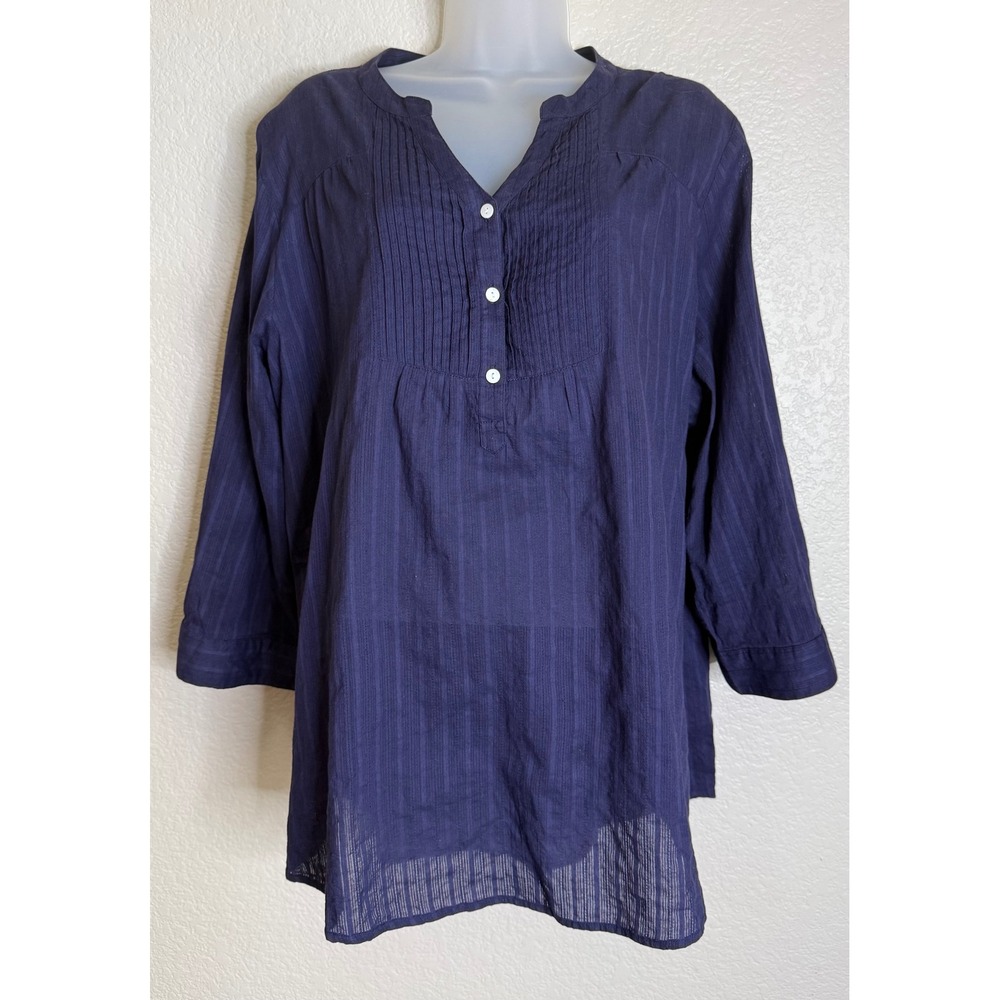 The Vermont Country Store Womens 2X Tunic Top Navy Blue Cotton Pintuck Roll‎ Tab